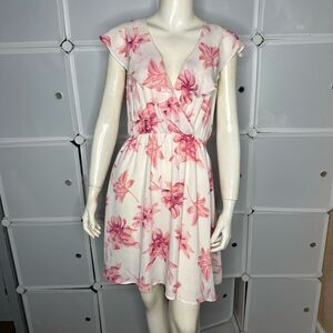 Lush White Pink Floral Print Flutter Ruffle V-Neck Mini Dress Size Large